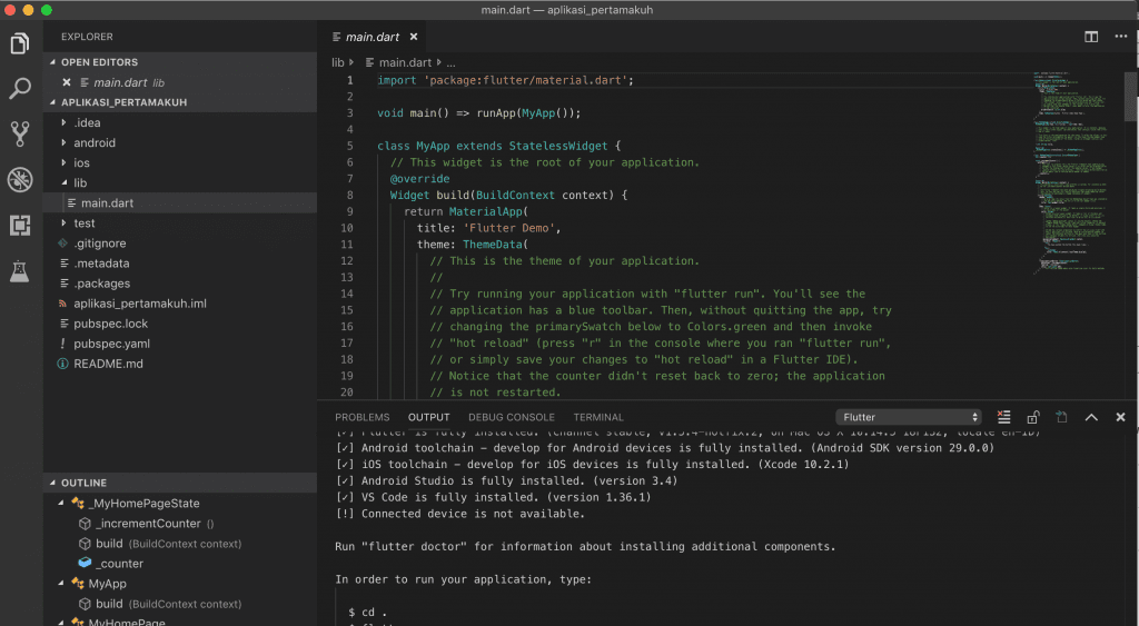 Tampilan Utama Flutter Microsoft Visual Studio