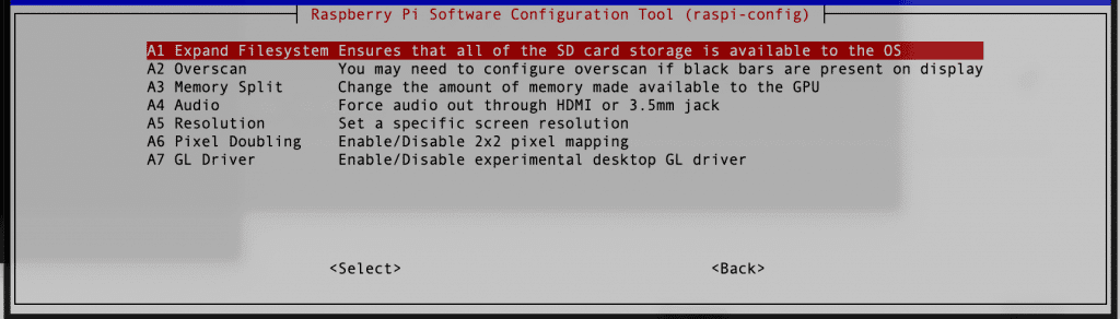 Select A1 in Expand Filesystem