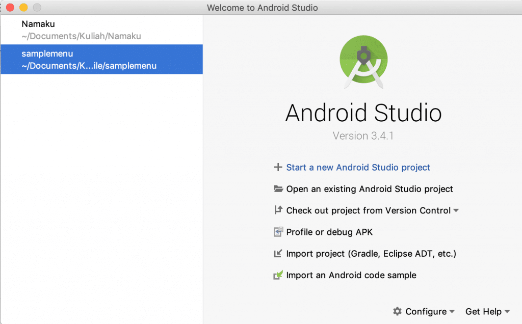 Android Studio Start Screen