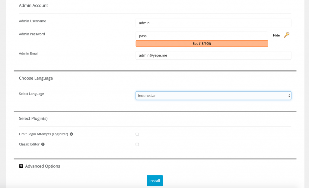Fill in WordPress install details with Softaculous