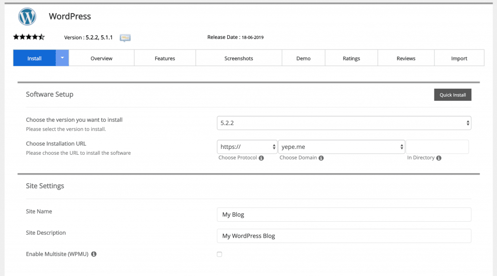 WordPress Install — filling in Softaculous