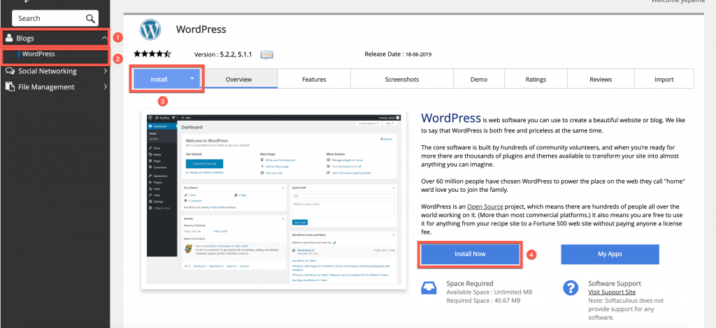 Softaculous Installer WordPress