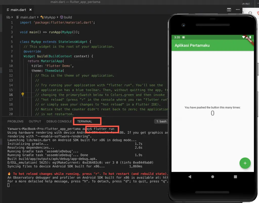 App display in the Emulator with the flutter run command
