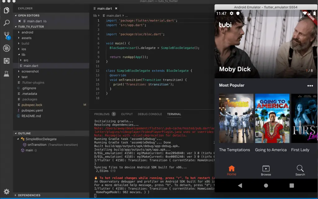 Display of the Tubi TV Flutter application